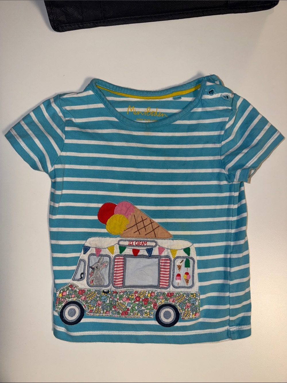 Mini Boden Teal & White Stripe Ice Cream Van Applique Tee